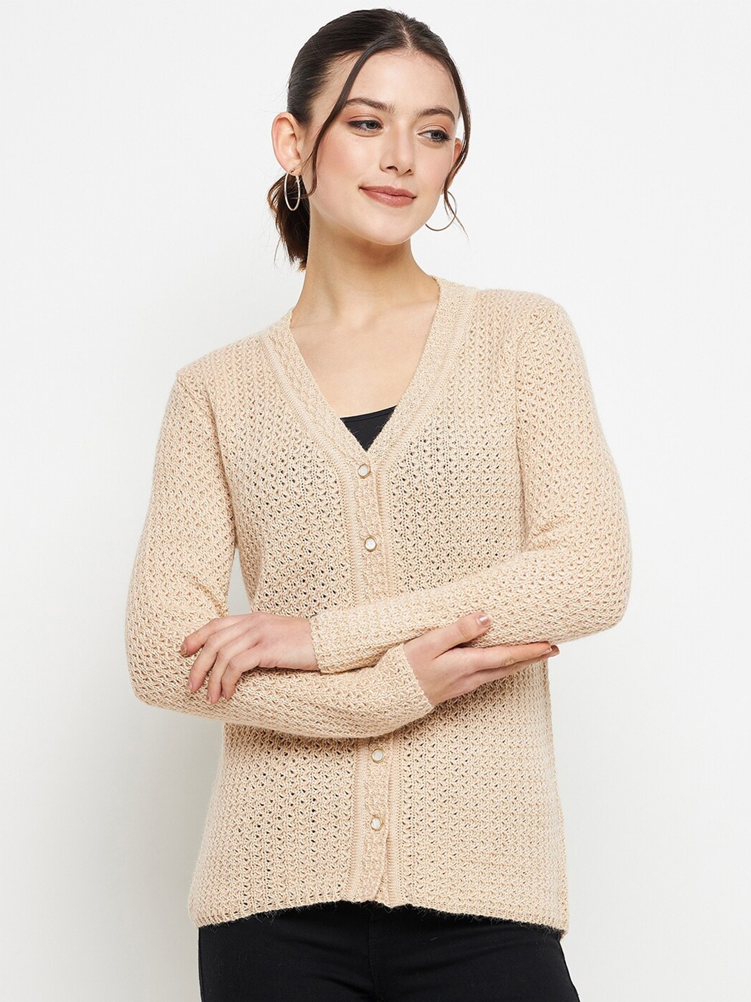 

CREATIVE LINE Cable Knit Self Design V-Neck Woollen Cardigan Sweater, Beige