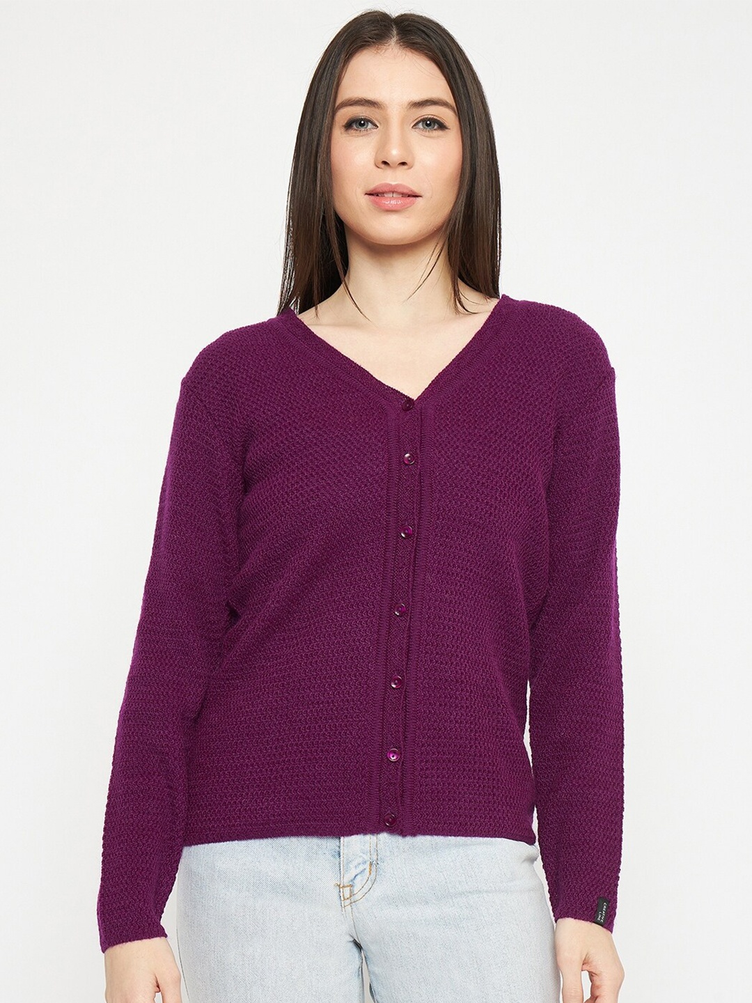

CREATIVE LINE Cable Knit Self Design V-Neck Woollen Cardigan, Purple
