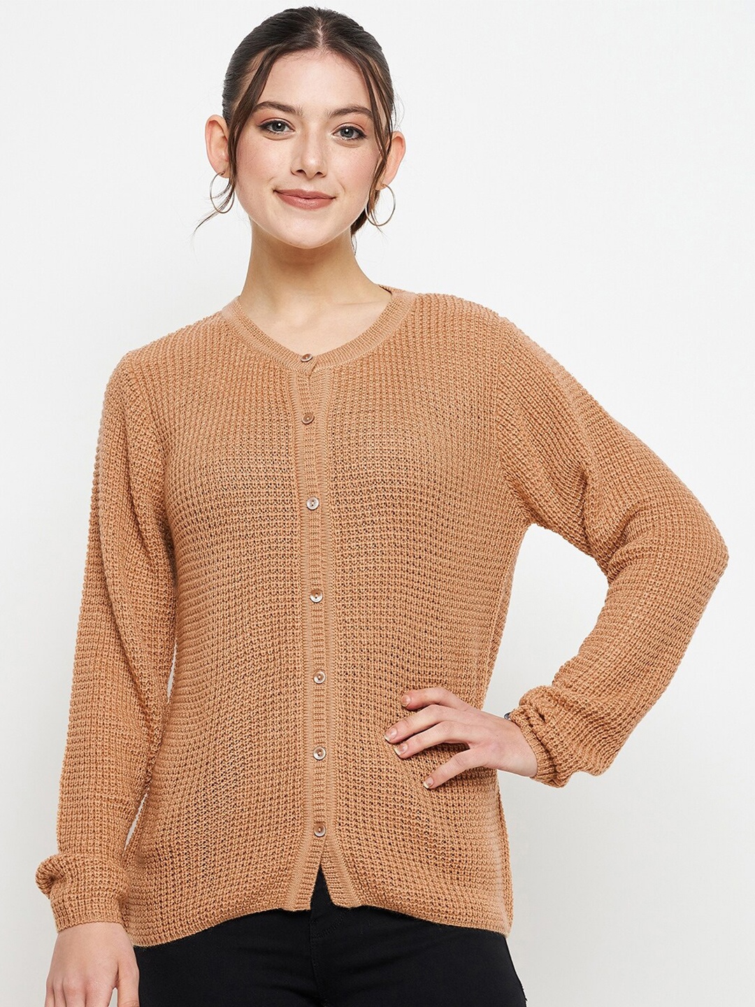 

CREATIVE LINE Cable Knit Self Design Woollen Cardigan, Beige