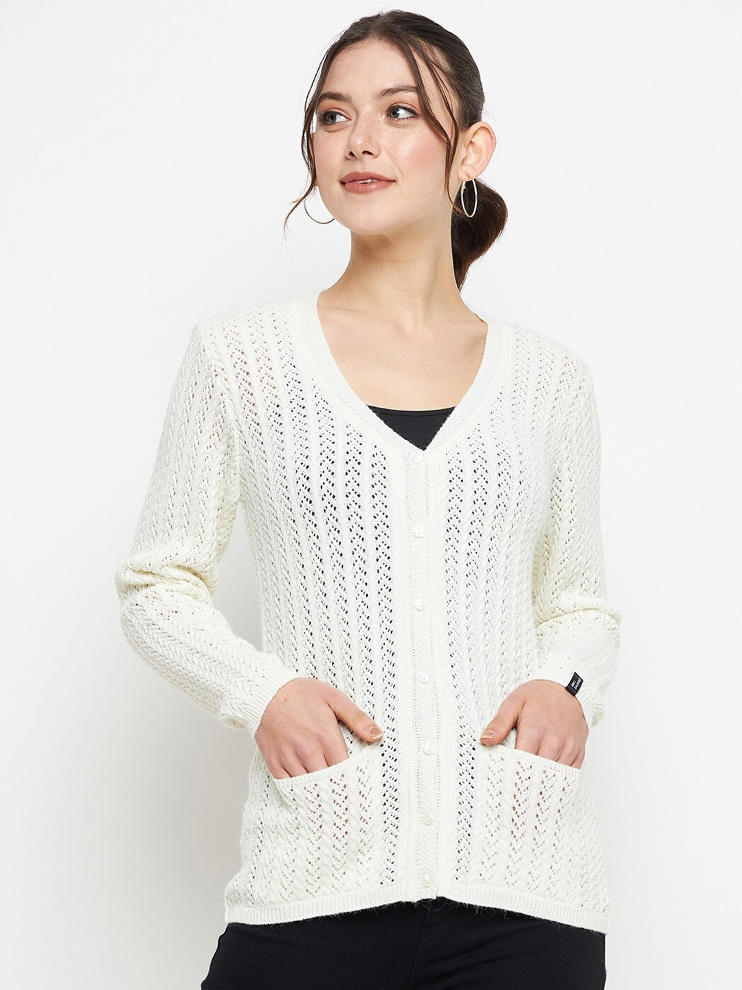 

CREATIVE LINE Cable Knit Self Design V-Neck Woollen Cardigan Sweater, White