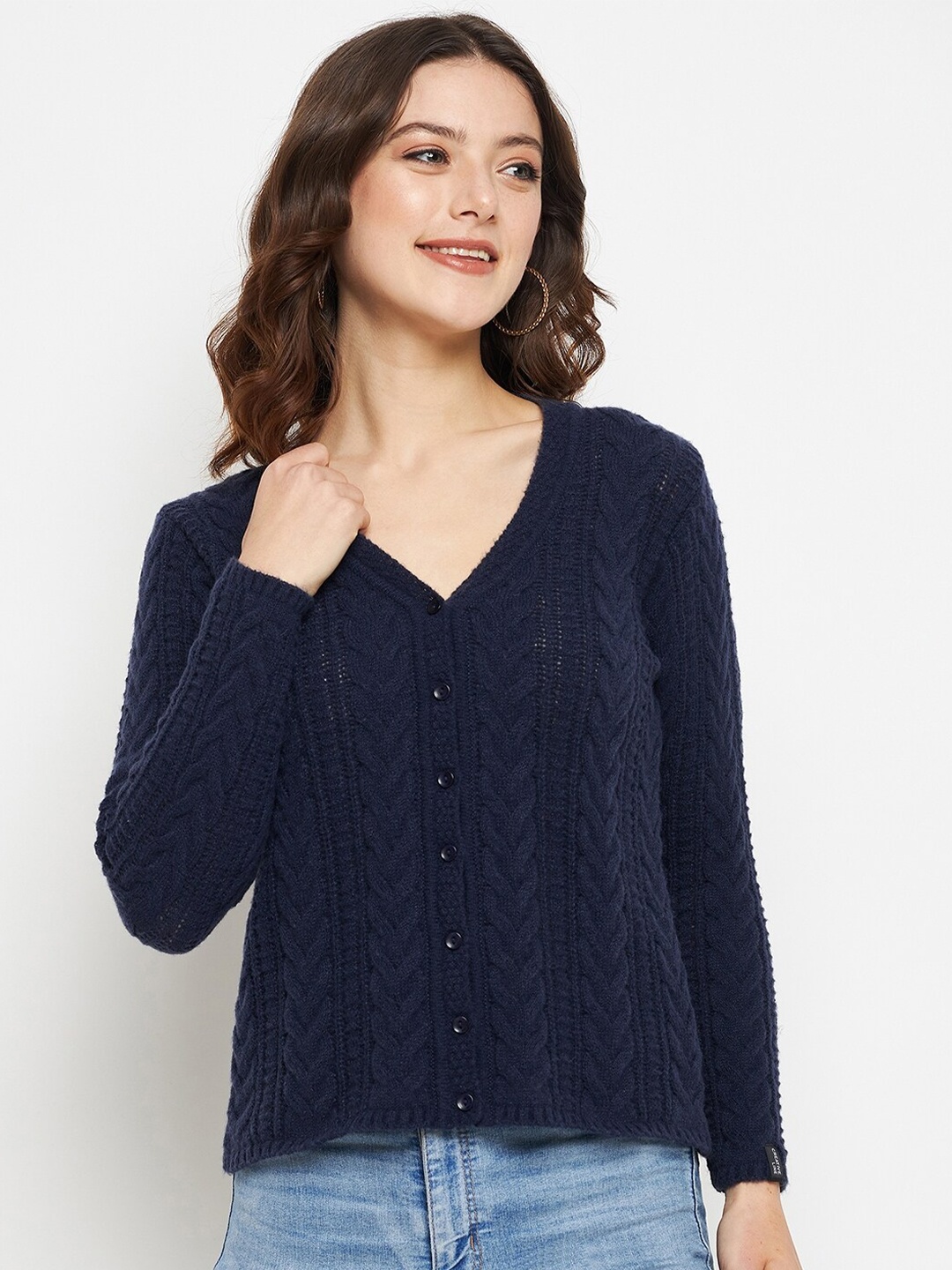 

CREATIVE LINE Self Design Woollen Cardigan Sweater, Navy blue