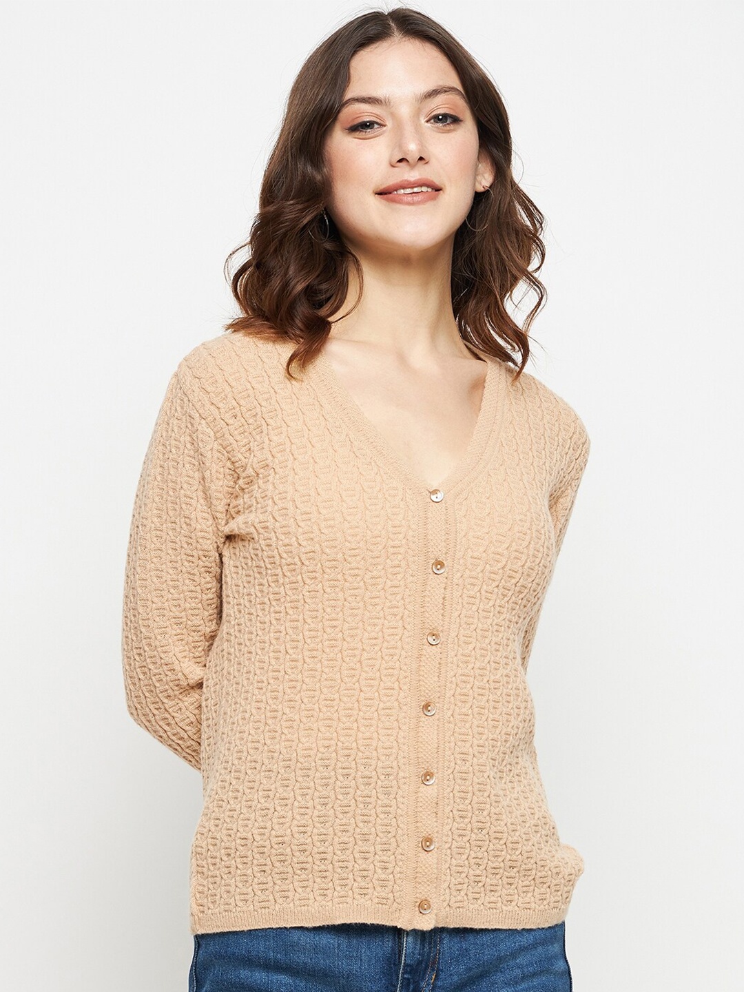 

CREATIVE LINE Self Design Woollen Cardigan Sweater, Beige