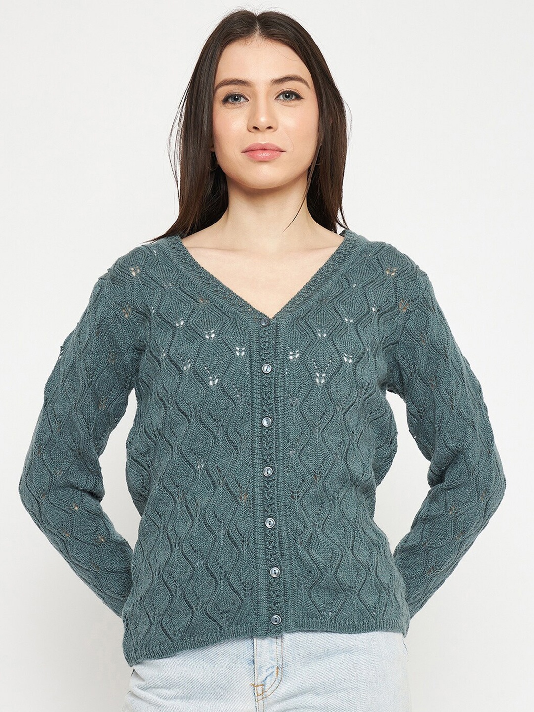 

CREATIVE LINE Open Knit Self Design V-Neck Woollen Cardigan, Green