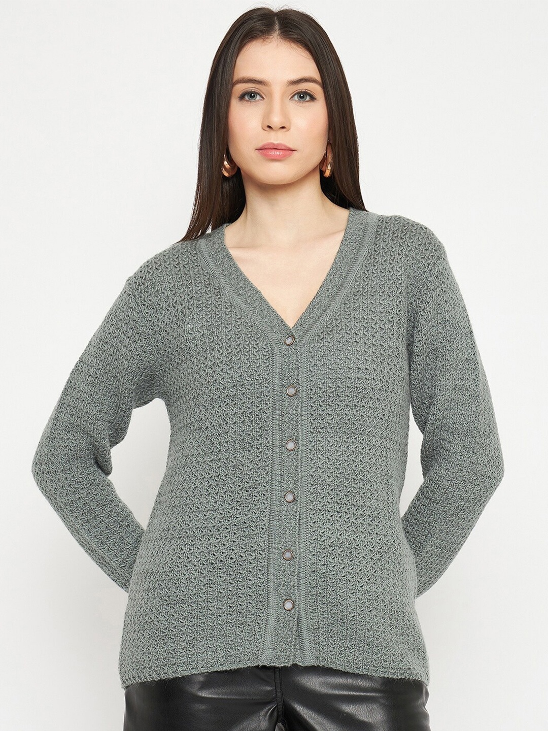 

CREATIVE LINE Cable Knit Self Design V-Neck Woollen Cardigan, Grey