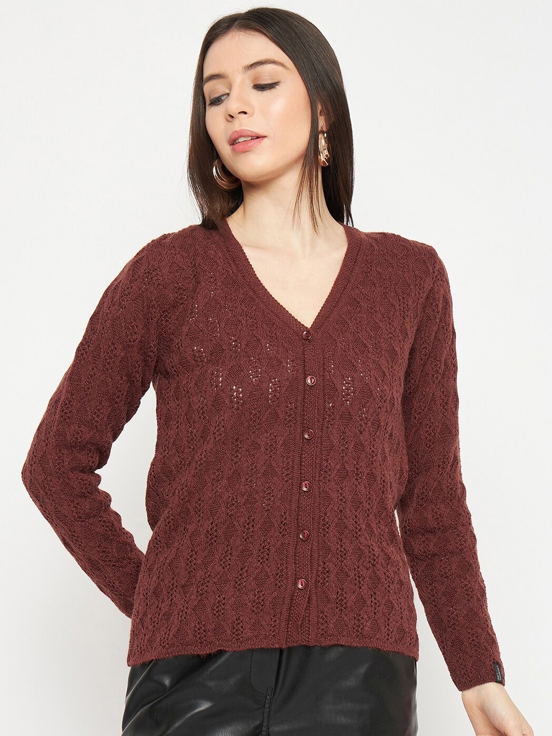 

CREATIVE LINE Cable Knit Self Design Woollen Cardigan Sweater, Rust