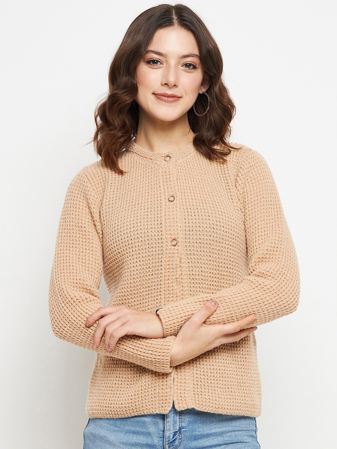 

CREATIVE LINE Self Design Woollen Cardigan Sweater, Beige