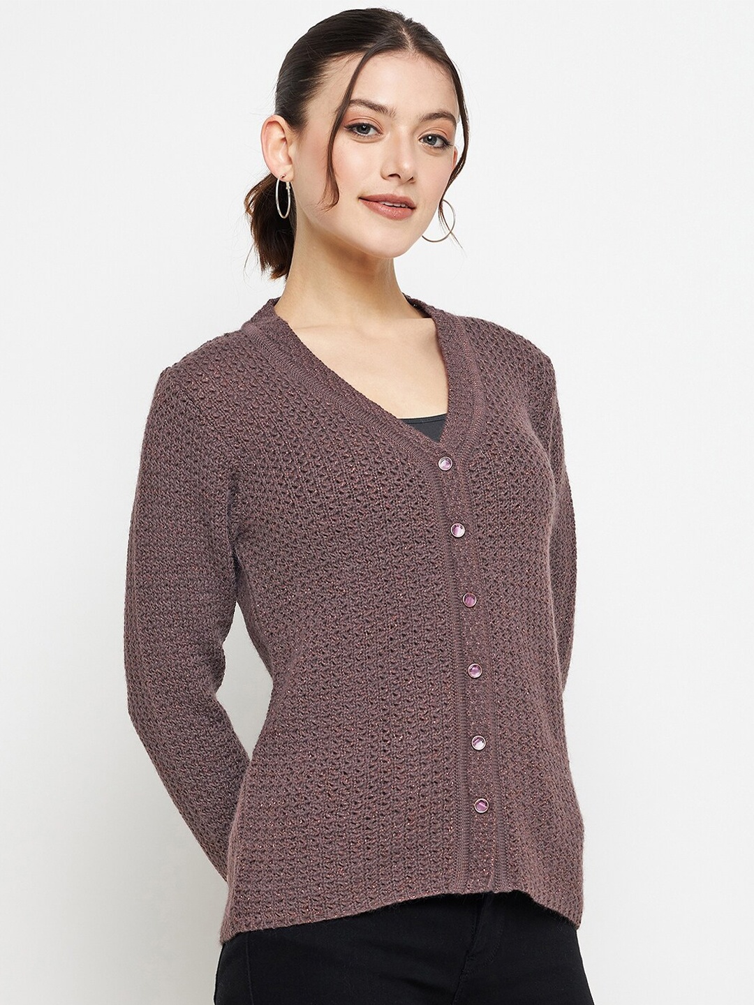 

CREATIVE LINE Self Design Woollen Cardigan Sweater, Brown