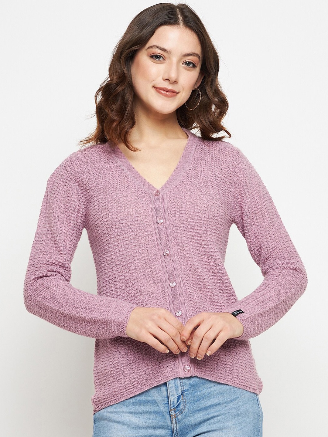 

CREATIVE LINE Self Design Woollen Cardigan Sweater, Purple
