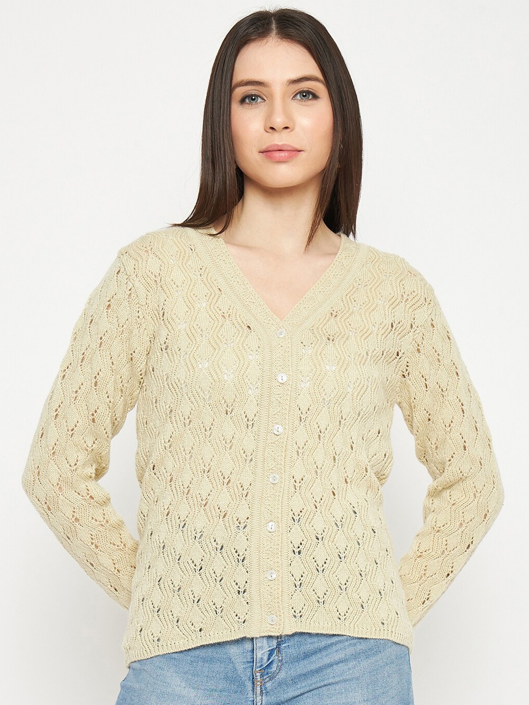 

CREATIVE LINE Self Design V- Neck Long Sleeves Woollen Cardigan Sweater, Beige