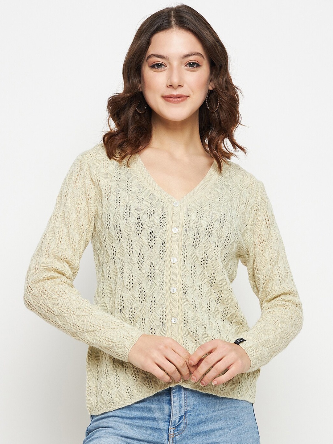 

CREATIVE LINE Self Design V-Neck Long Sleeves Woollen Cardigan Sweater, Beige