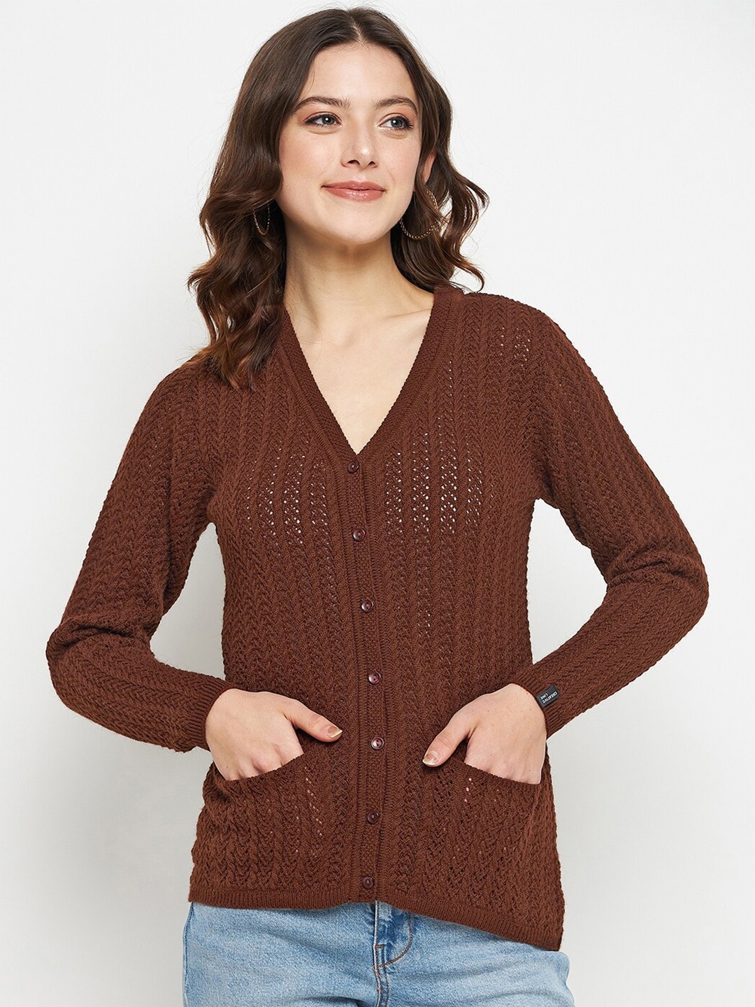 

CREATIVE LINE Cable Knit Self Design Woollen Cardigan Sweater, Brown
