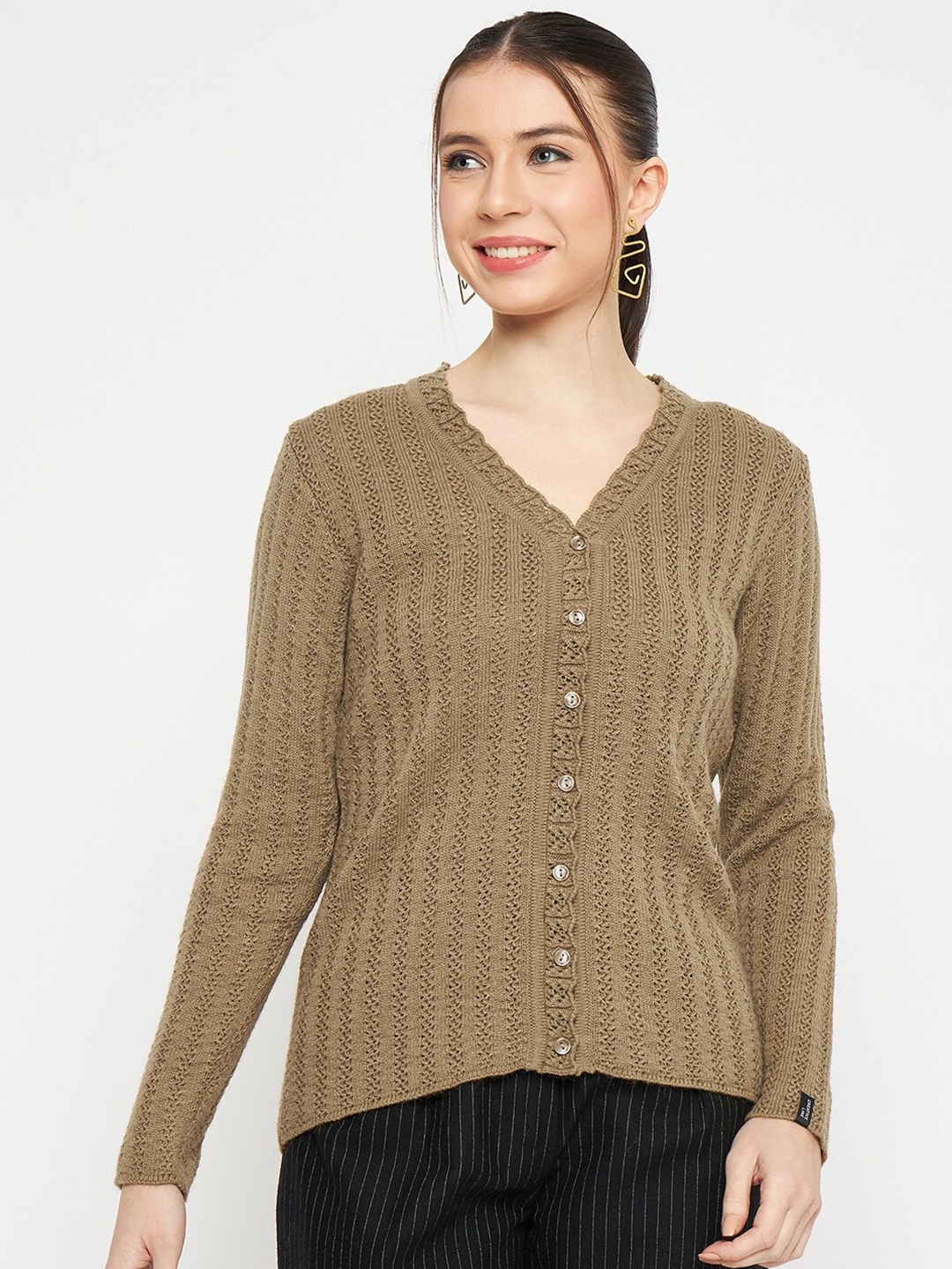 

CREATIVE LINE Self Design V- Neck Long Sleeves Woollen Cardigan Sweater, Beige