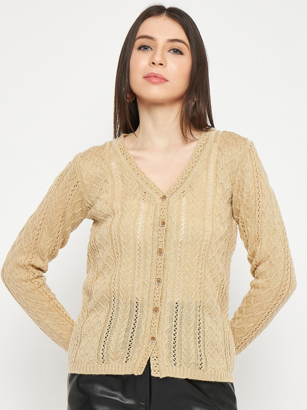 

CREATIVE LINE Open Knit Self Design V-Neck Woollen Cardigan, Cream