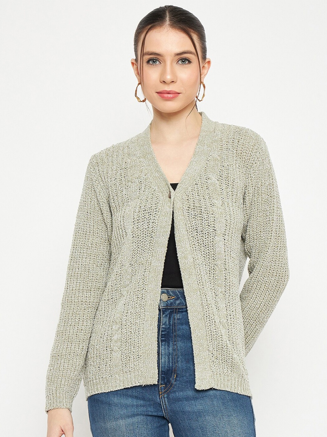 

CREATIVE LINE Open Knit Self Design V-Neck Woollen Cardigan, Green