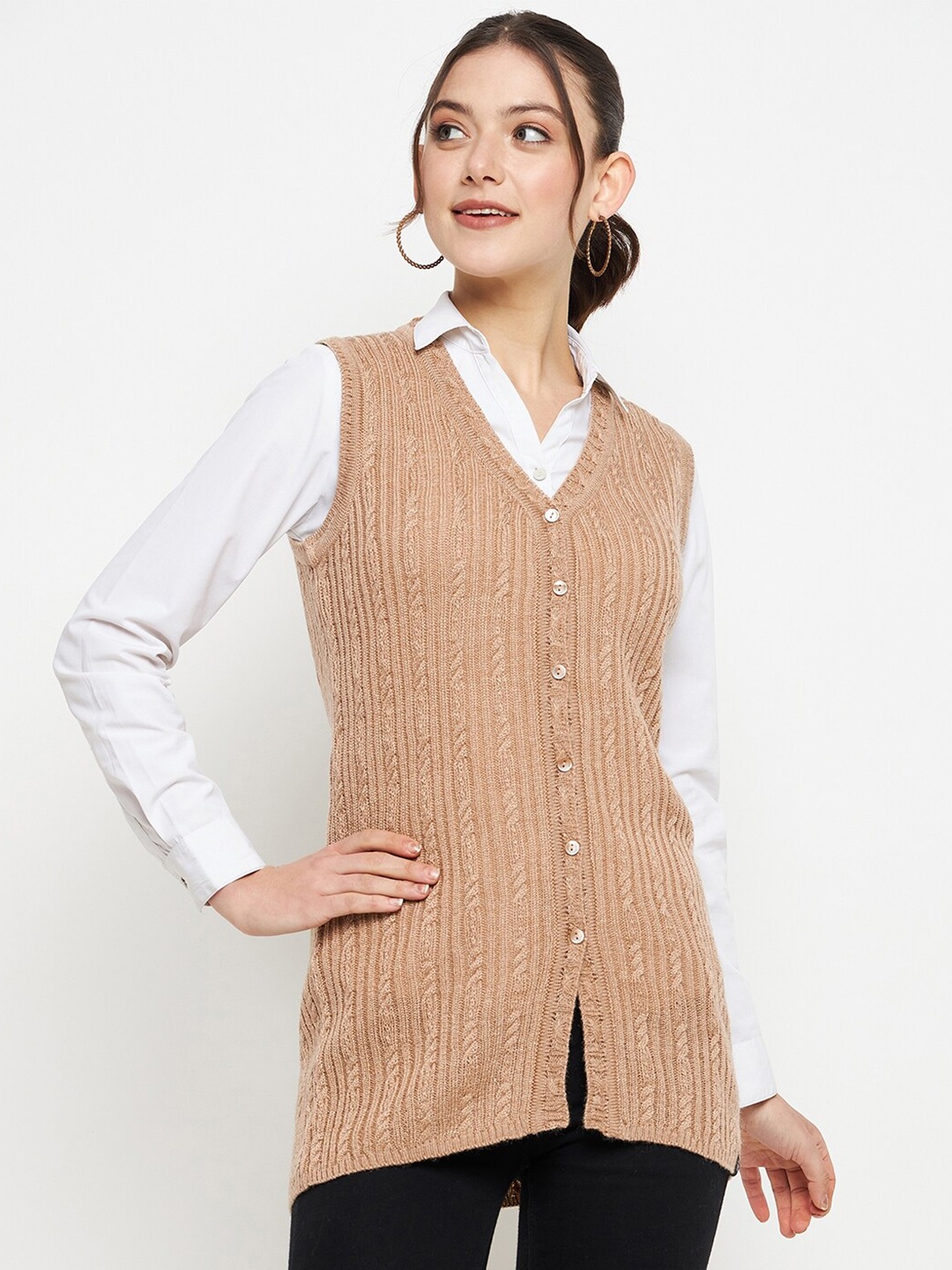 

CREATIVE LINE Self Design V- Neck Sleeveless Woollen Sweater Vest, Beige