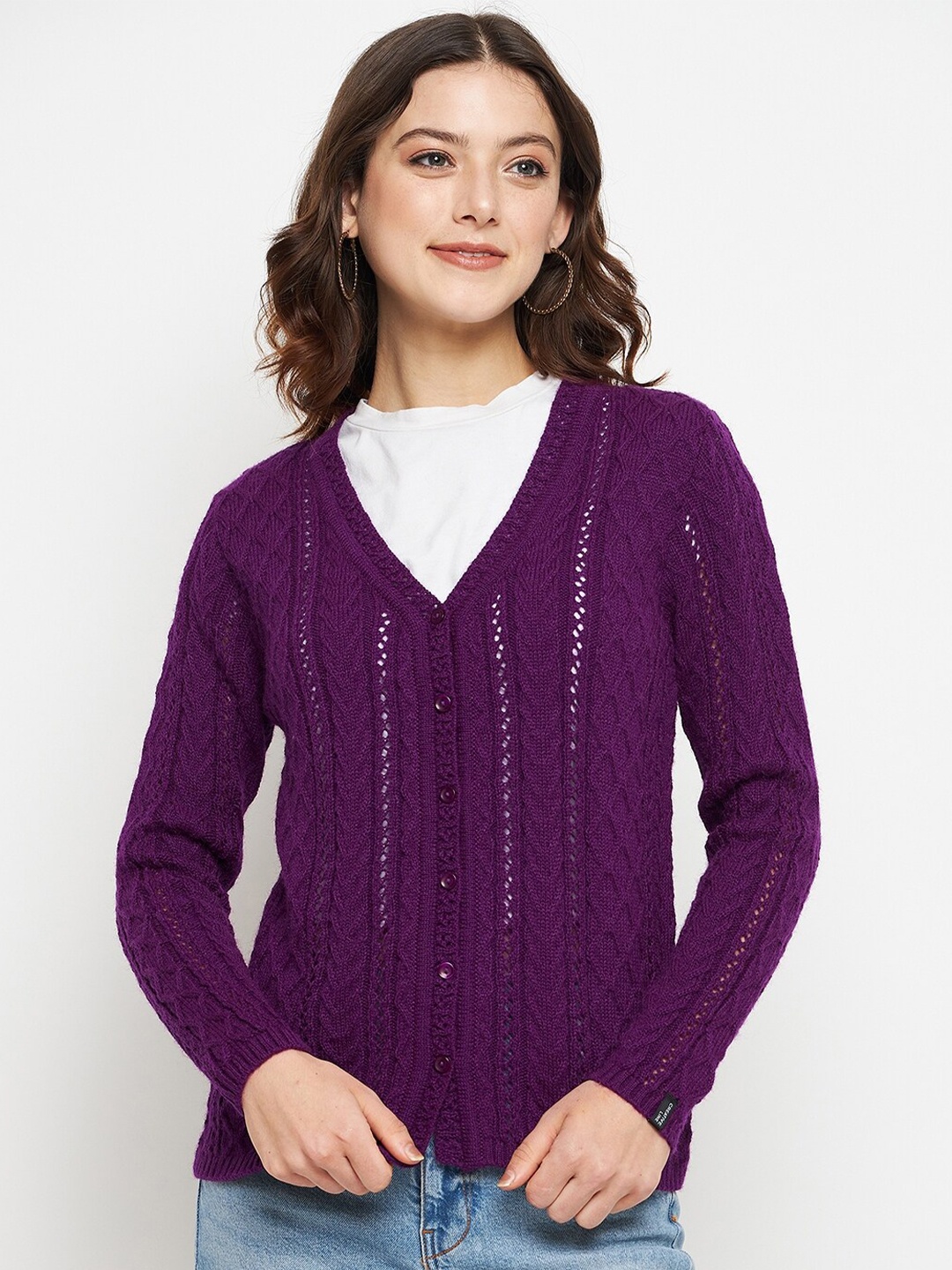 

CREATIVE LINE Open Knit Self Design V-Neck Woollen Cardigan Sweater, Purple