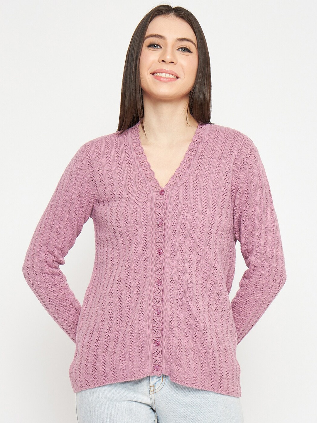 

CREATIVE LINE Cable Knit Self Design Woollen Cardigan Sweater, Purple