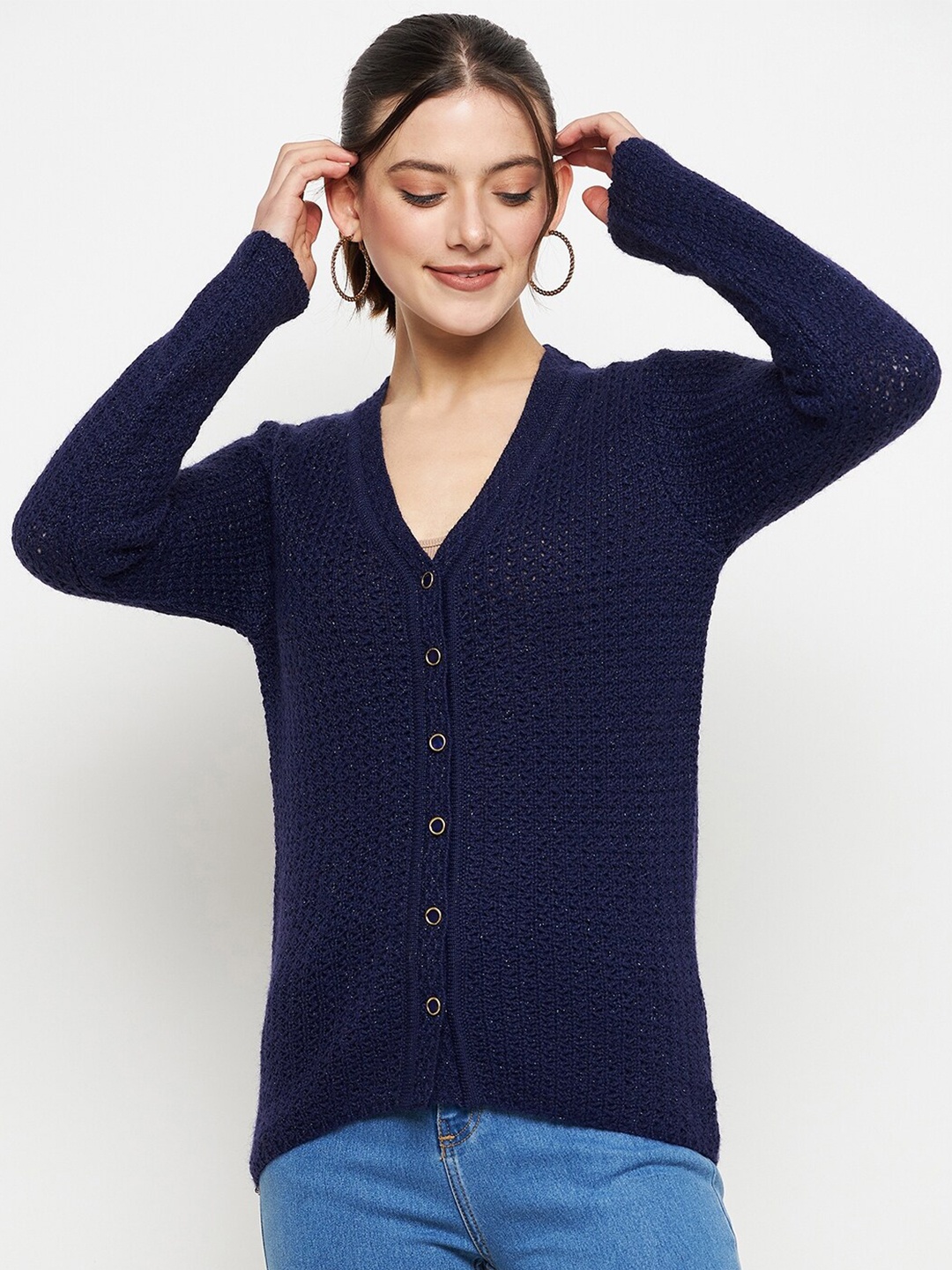 

CREATIVE LINE Self Design Woollen Cardigan Sweater, Navy blue