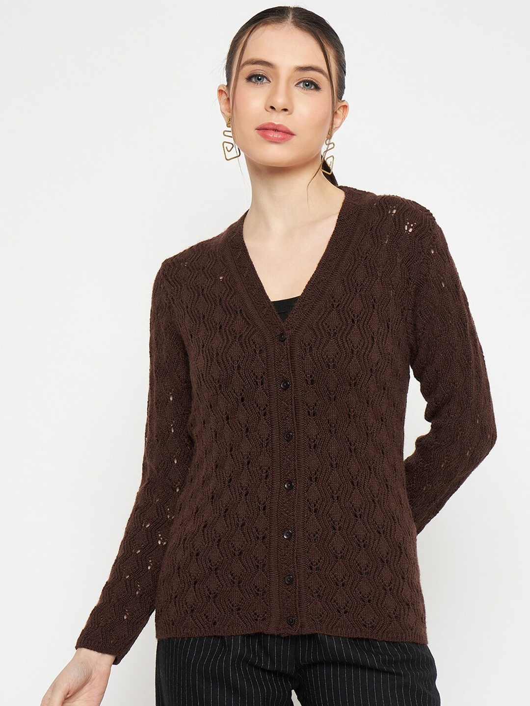 

CREATIVE LINE Open Knit Self Design V-Neck Woollen Cardigan, Brown