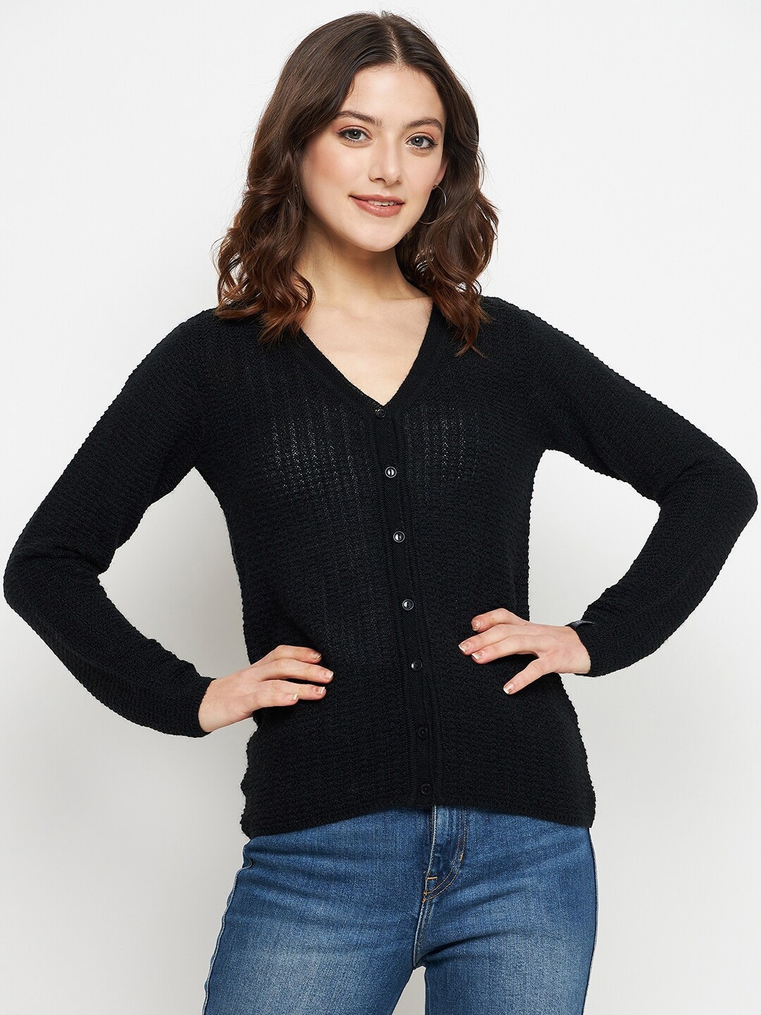 

CREATIVE LINE Cable Knit Self Design V-Neck Woollen Cardigan, Black