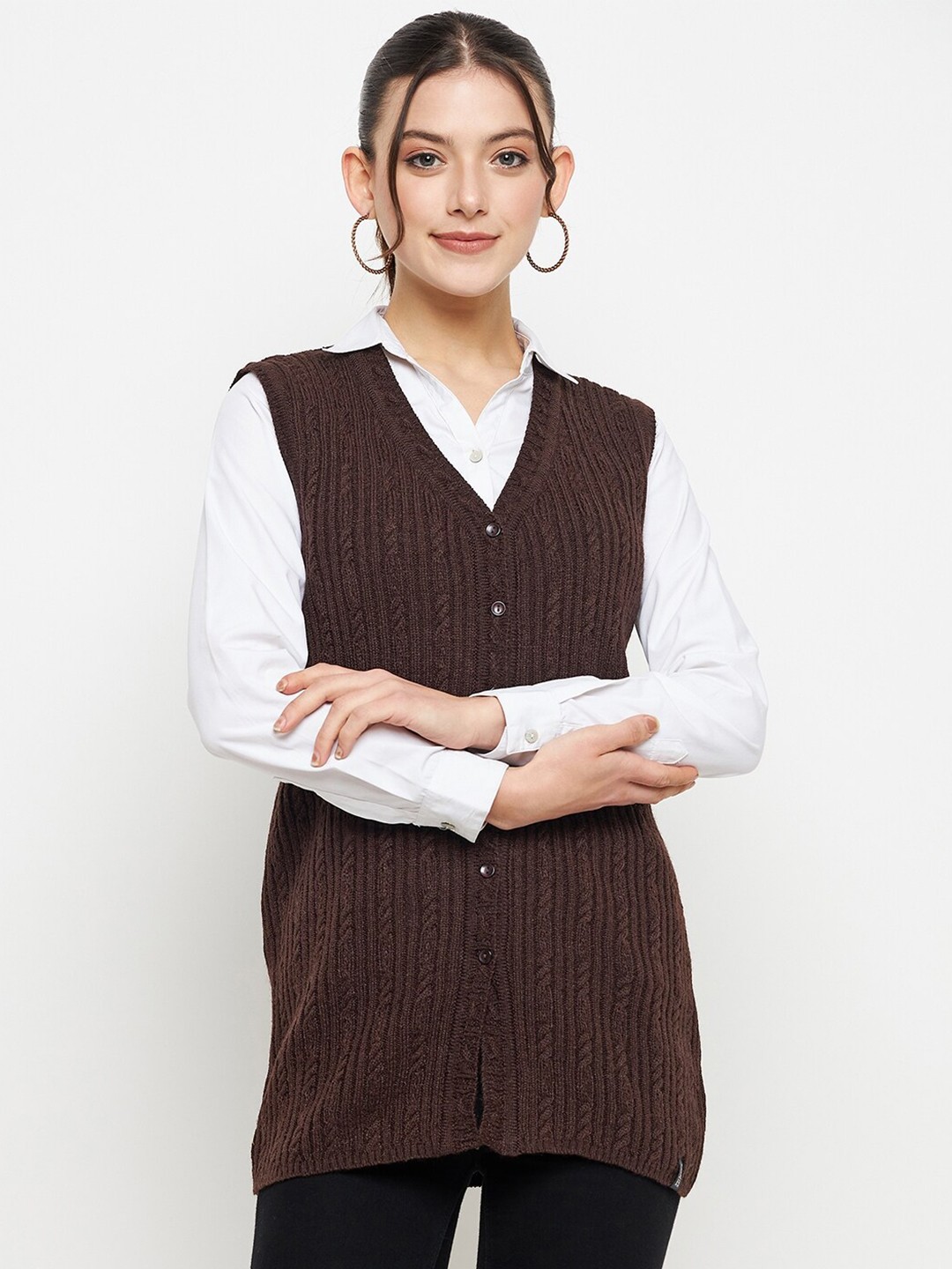 

CREATIVE LINE Cable Knit Self Design V-Neck Woollen Sweater Vest, Brown