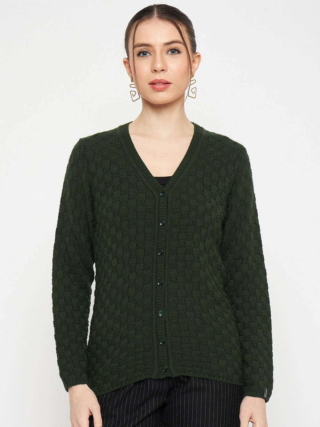 

CREATIVE LINE Geometric Self Design Woollen Cardigan Sweater, Olive