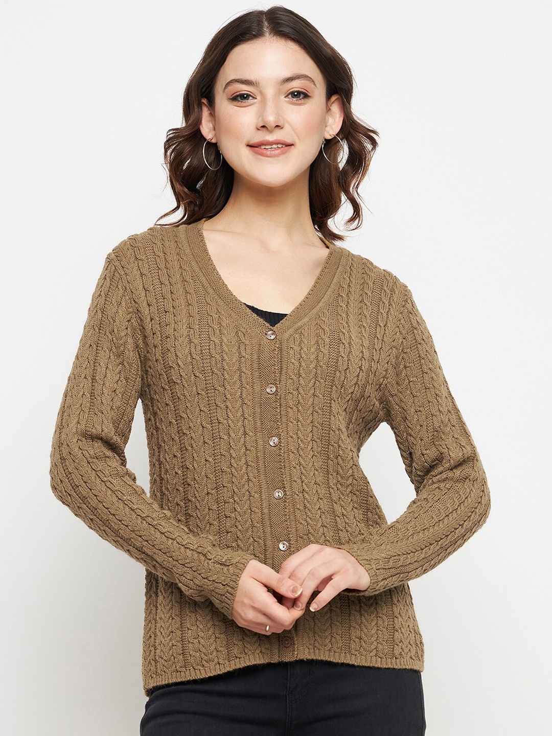 

CREATIVE LINE Self Design V- Neck Long Sleeves Woollen Cardigan Sweater, Beige