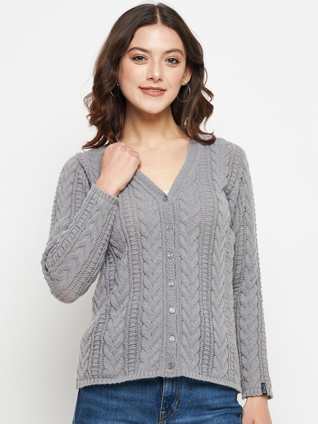 

CREATIVE LINE Self Design V- Neck Long Sleeves Woollen Cardigan Sweater, Grey