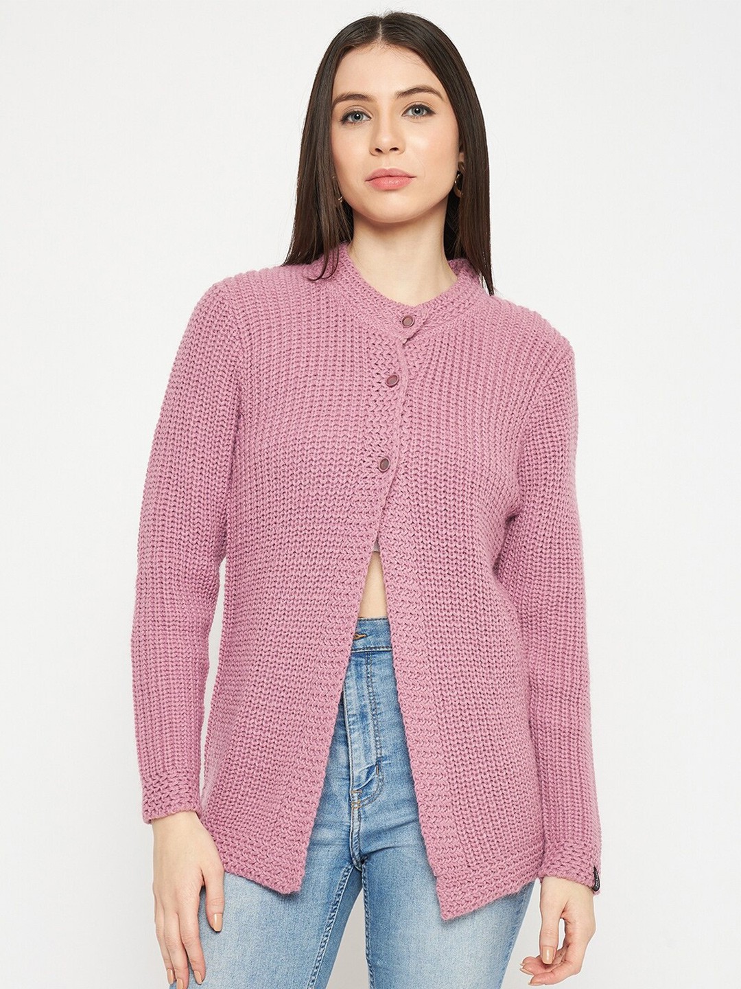 

CREATIVE LINE Cable Knit Self Design Woollen Cardigan Sweater, Purple