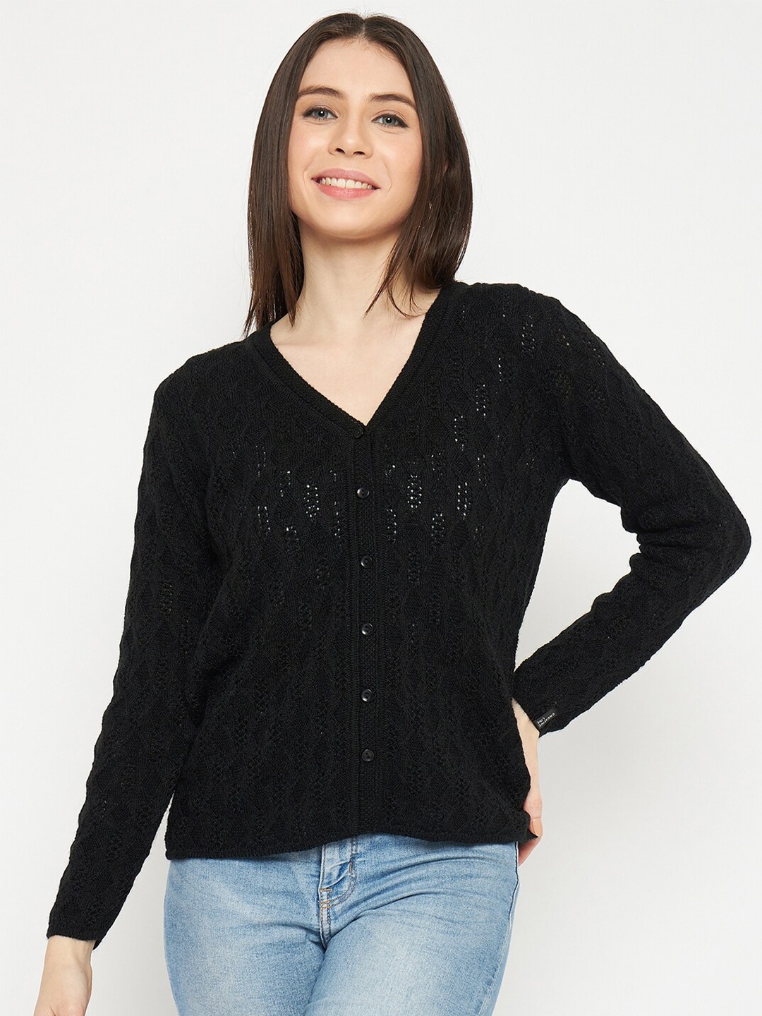 

CREATIVE LINE Self Design Woollen Cardigan Sweater, Black