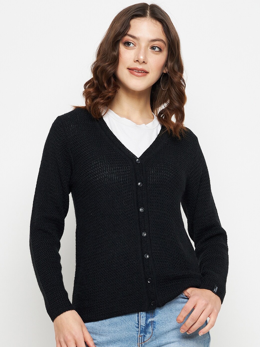 

CREATIVE LINE Self Design V- Neck Long Sleeves Woollen Cardigan Sweater, Black