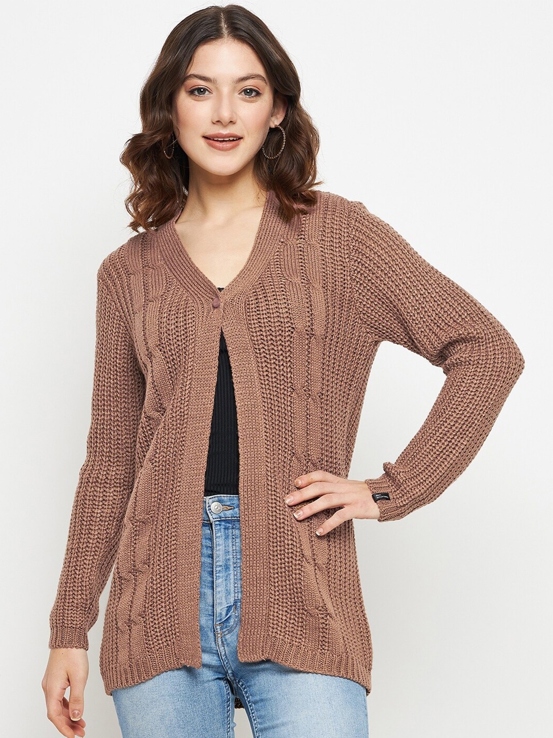

CREATIVE LINE Cable Knit Self Design Woollen Cardigan Sweater, Beige