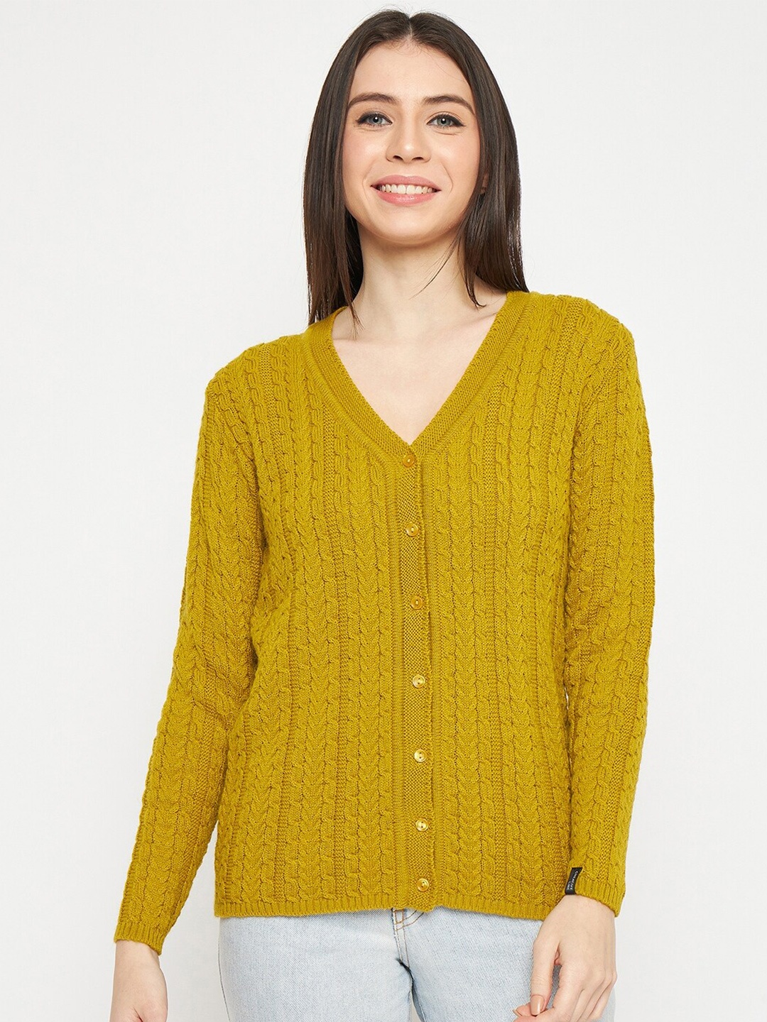 

CREATIVE LINE Cable Knit Self Design V-Neck Woollen Cardigan Sweater, Mustard