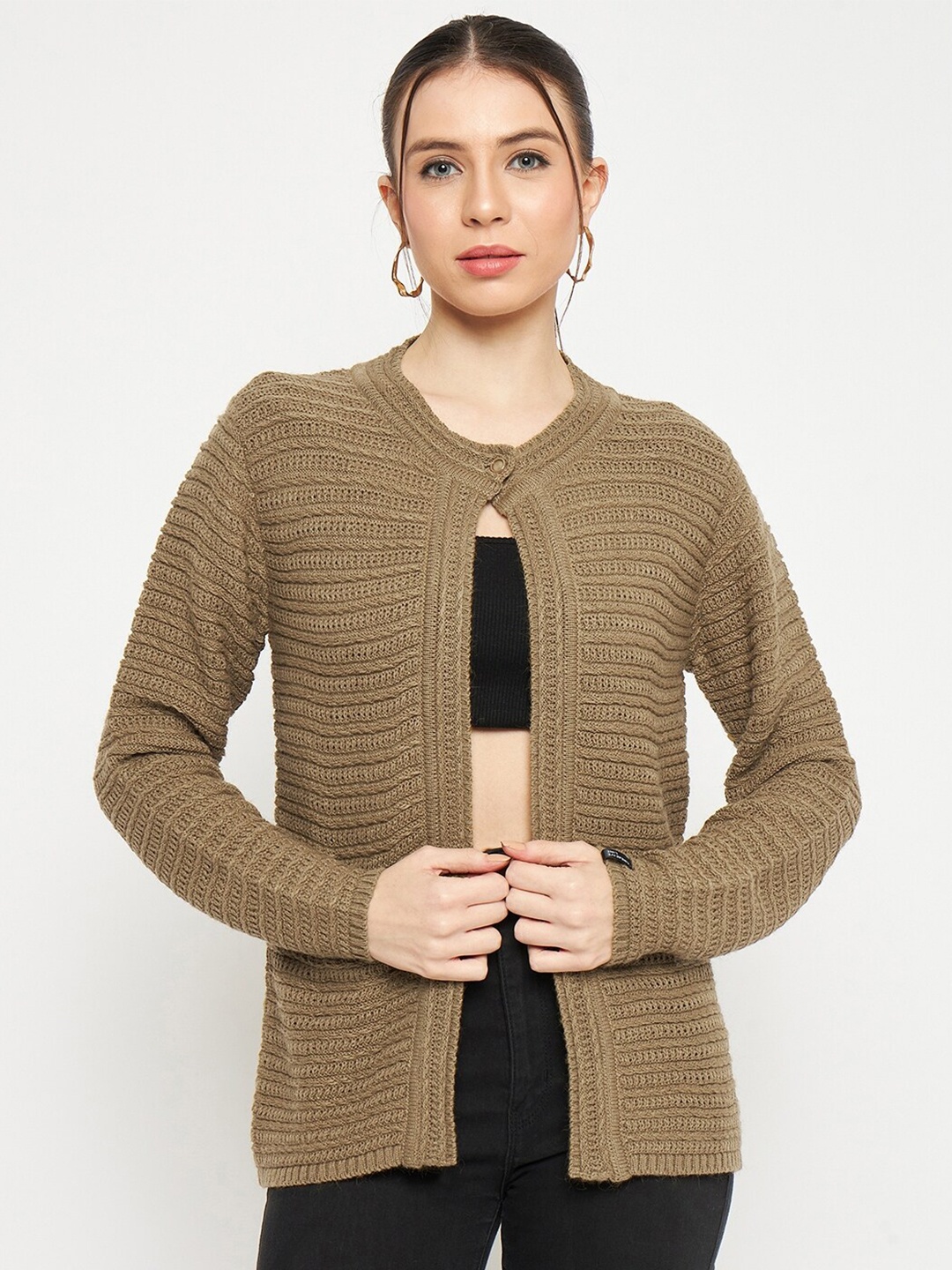 

CREATIVE LINE Cable Knit Self Design Woollen Cardigan Sweater, Khaki