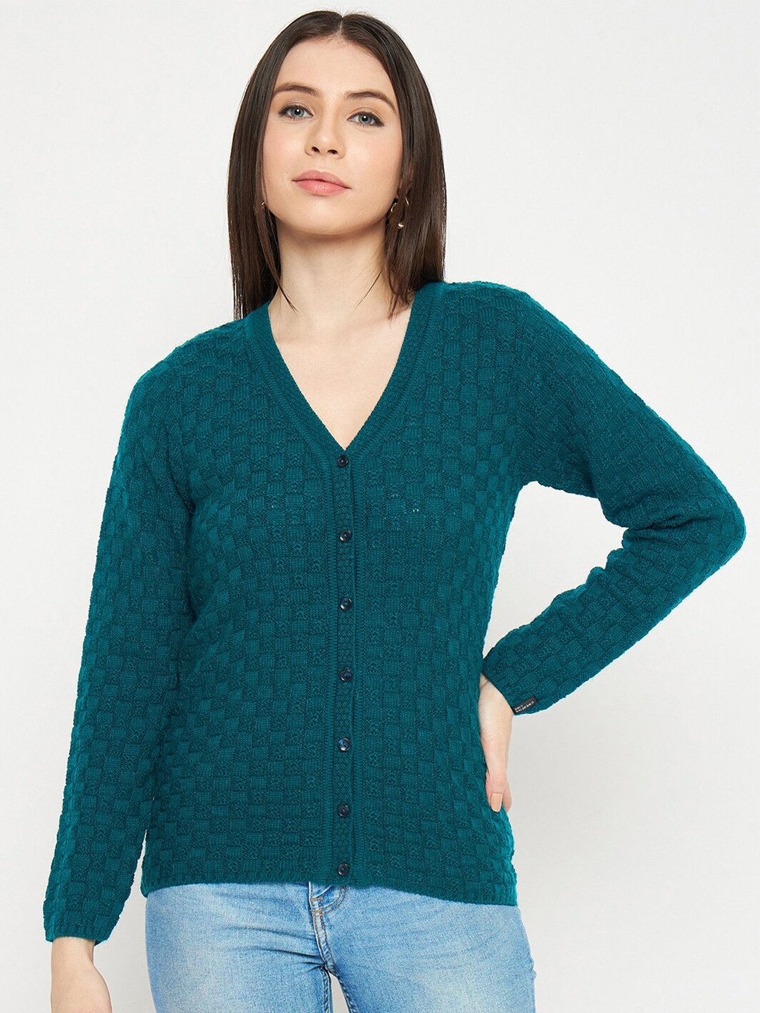 

CREATIVE LINE Geometric Self Design Woollen Cardigan Sweater, Teal