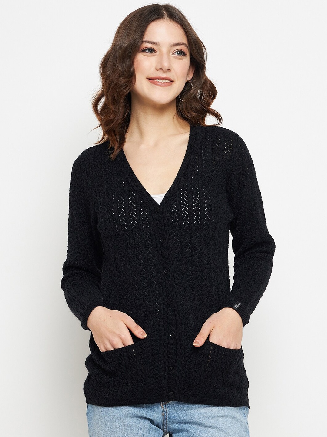 

CREATIVE LINE Open Knit Self Design V-Neck Woollen Cardigan Sweater, Black