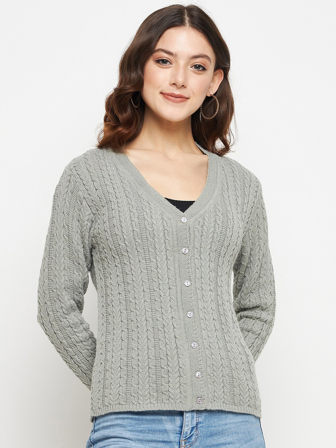 

CREATIVE LINE Cable Knit Self Design Woollen Cardigan Sweater, Grey