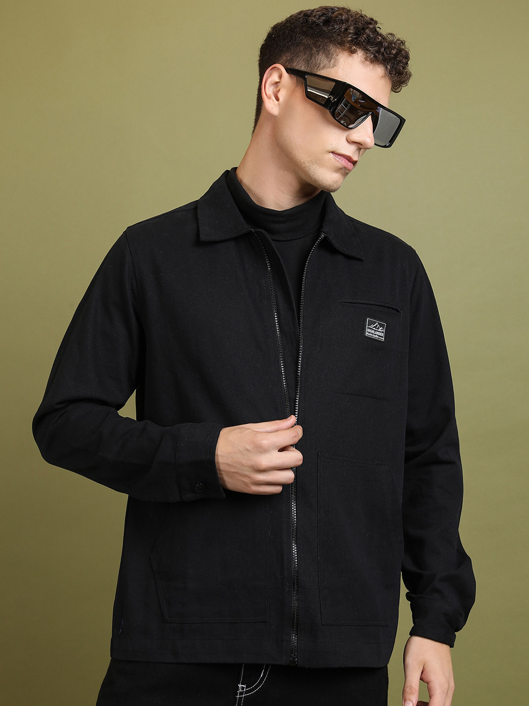 

HIGHLANDER Spread Collar Denim Jacket, Black