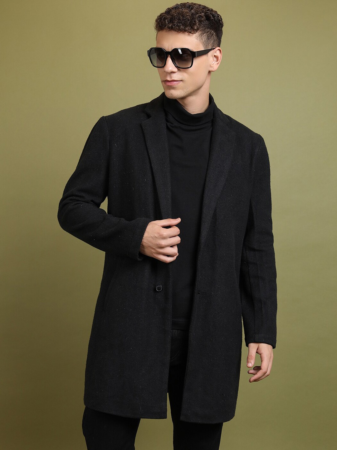 

HIGHLANDER Notched Lapel Collar Cotton Overcoat, Black