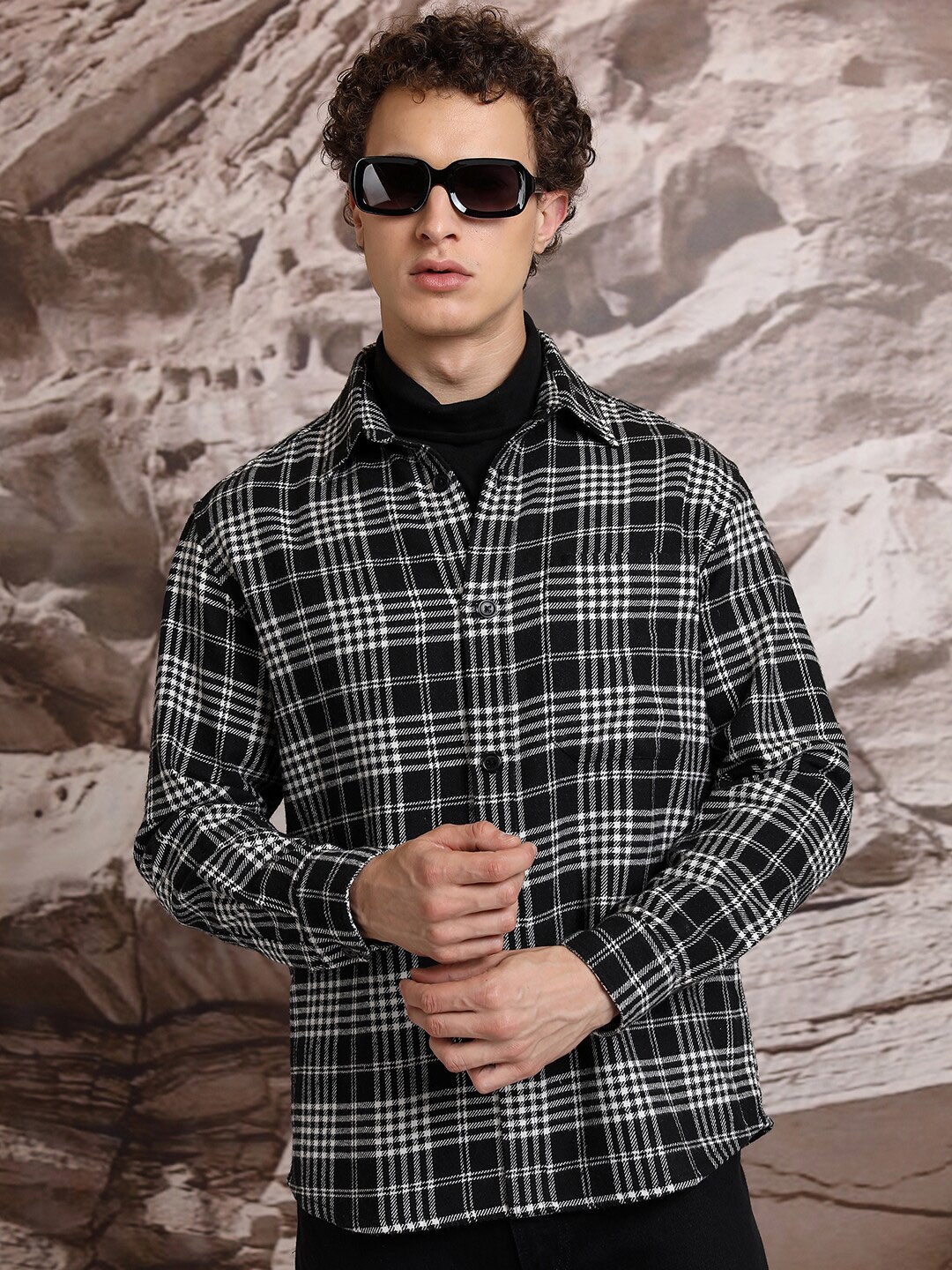 

HIGHLANDER Tartan Checks Oversized Cotton Casual Shirt, Black