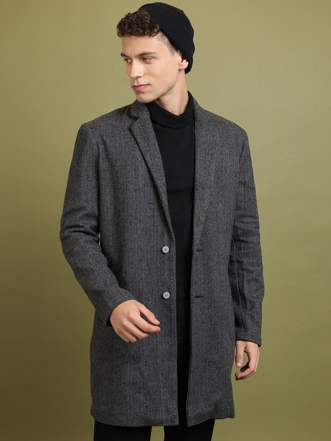

HIGHLANDER Self Design Notched Lapel Collar Overcoat, Grey