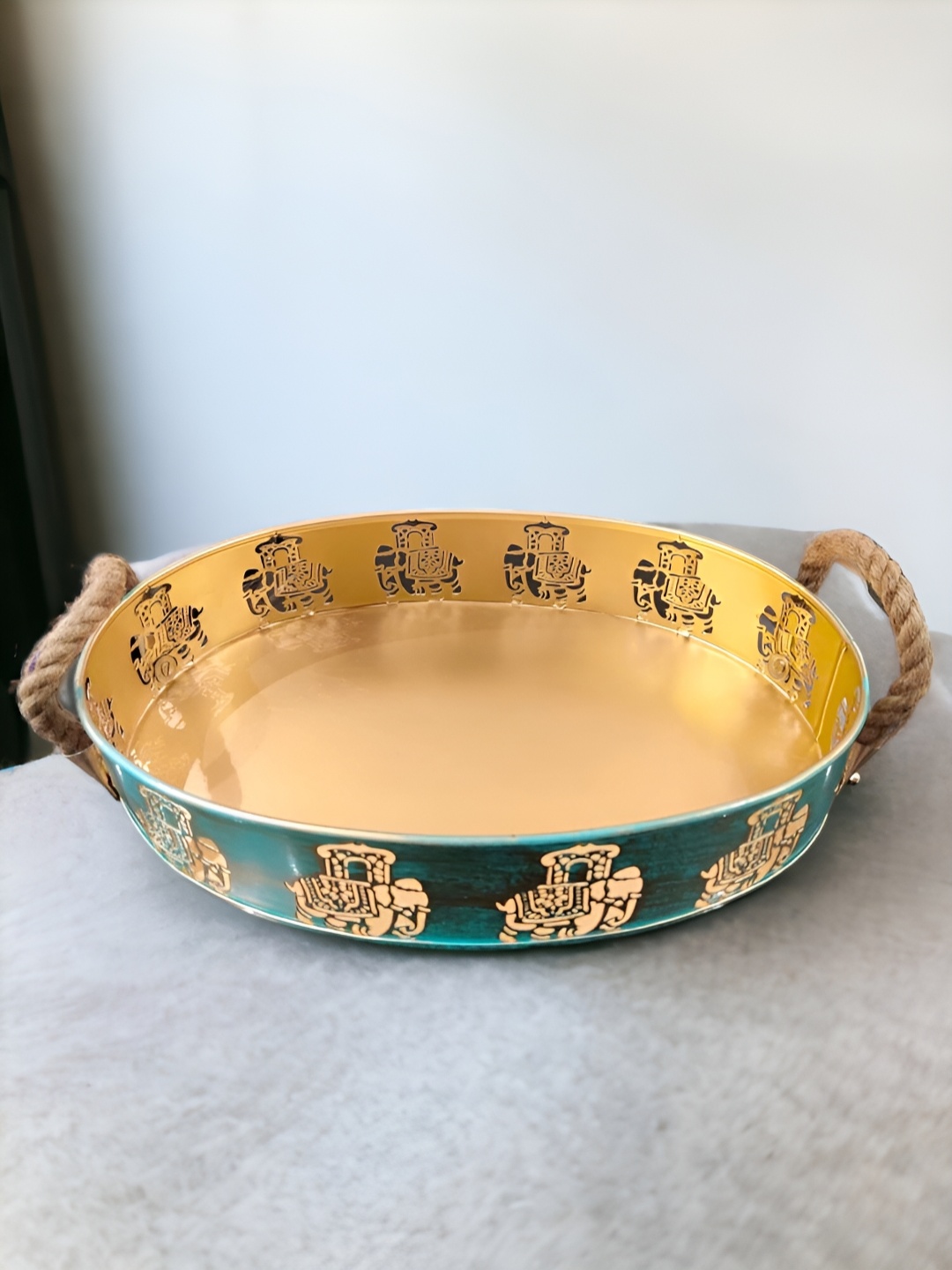 

The Artage Blue & Gold Toned Printed Metal Antique Elephant Tray