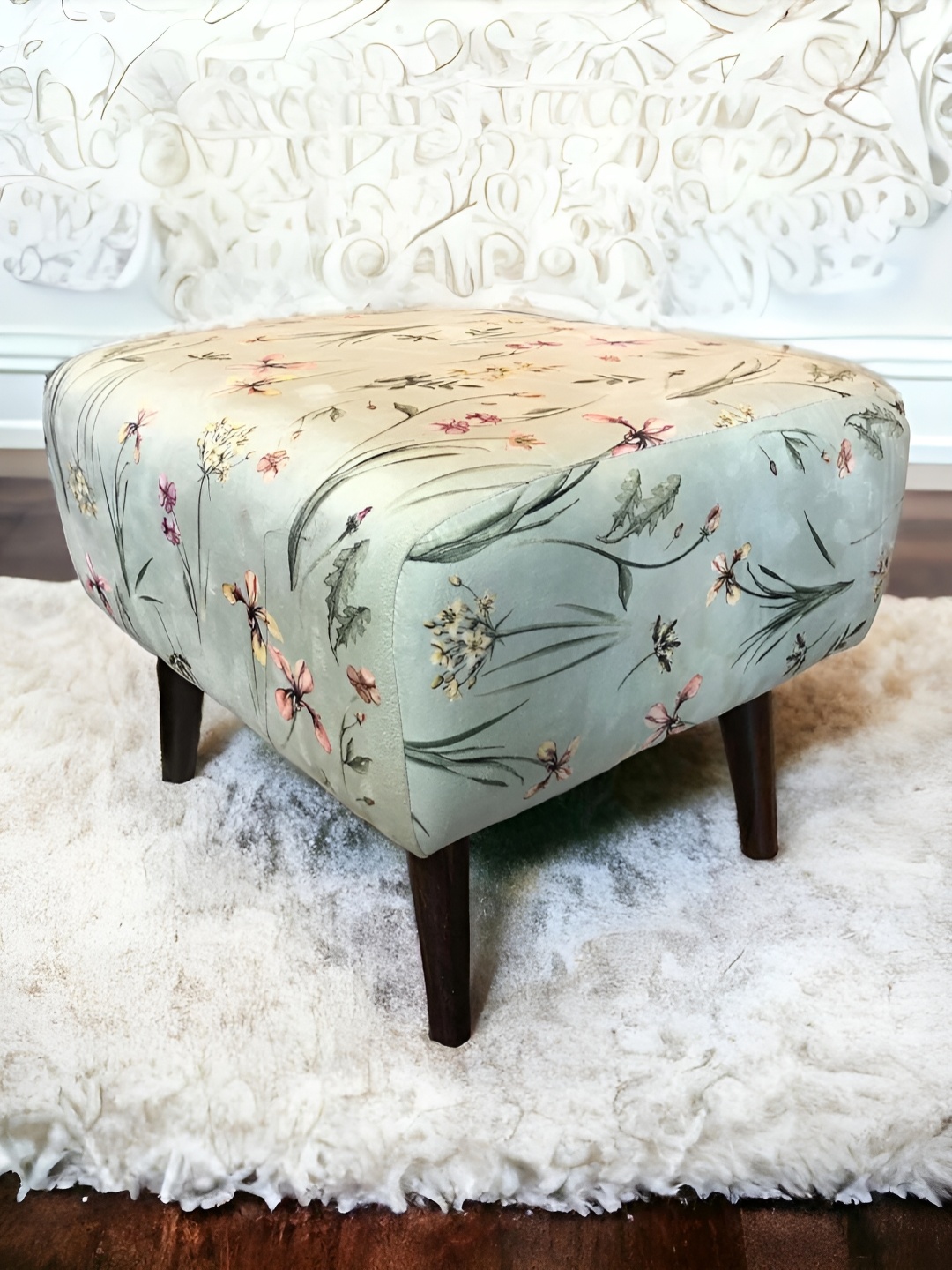 

The Artage Green & Yellow Floral Printed Wooden Square Ottomans