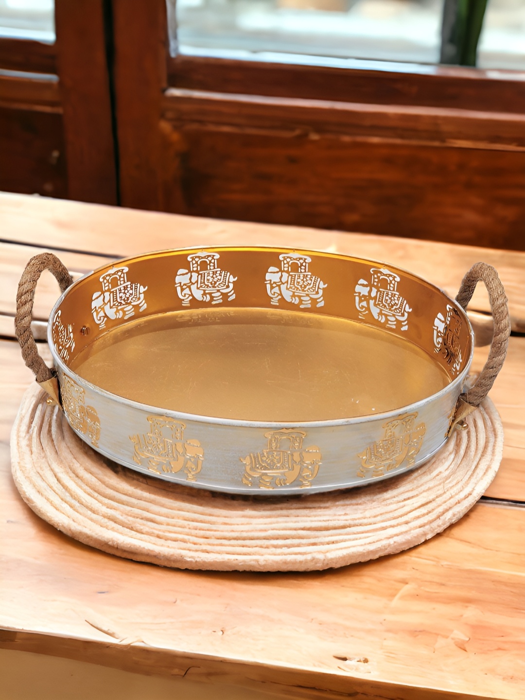 

The Artage Gold Toned Printed Elephant Design Metal Tray