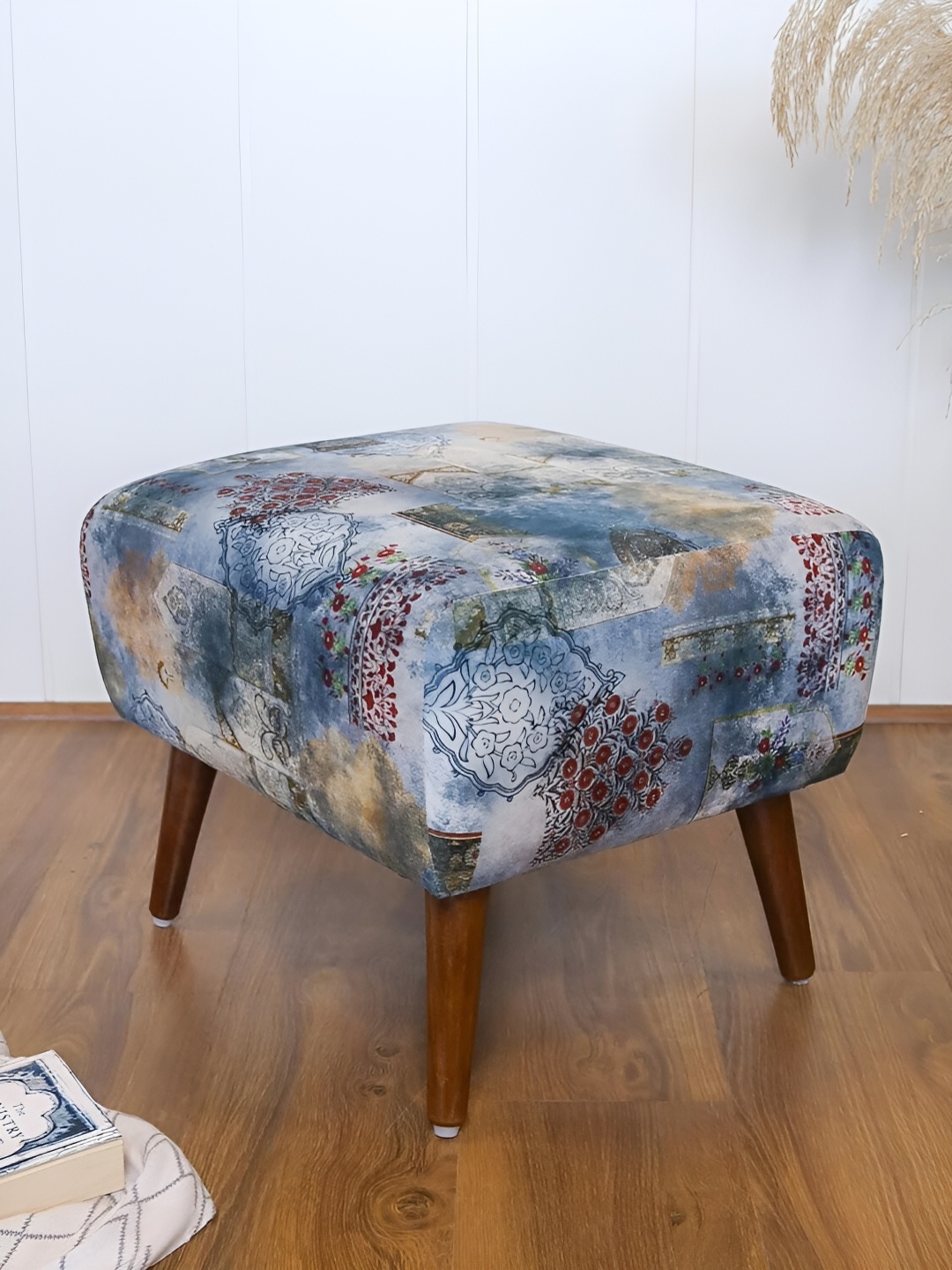 

The Artage Blue & Red Floral Printed Wooden Square Ottomans