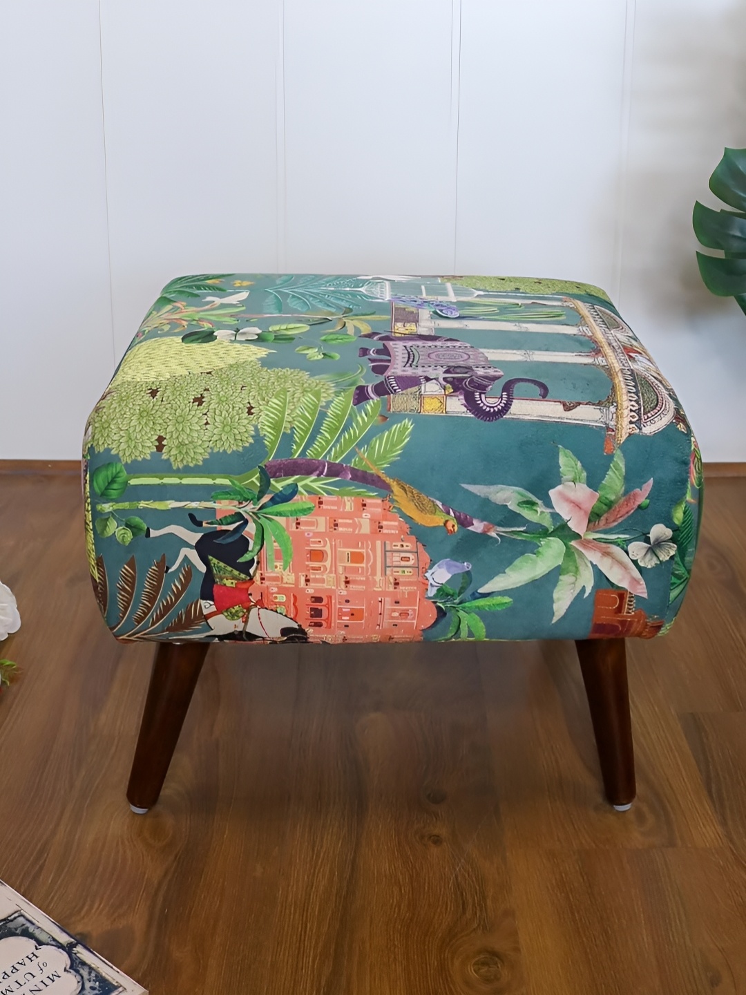 

The Artage Green & Yellow Floral Printed Wooden Ottomans