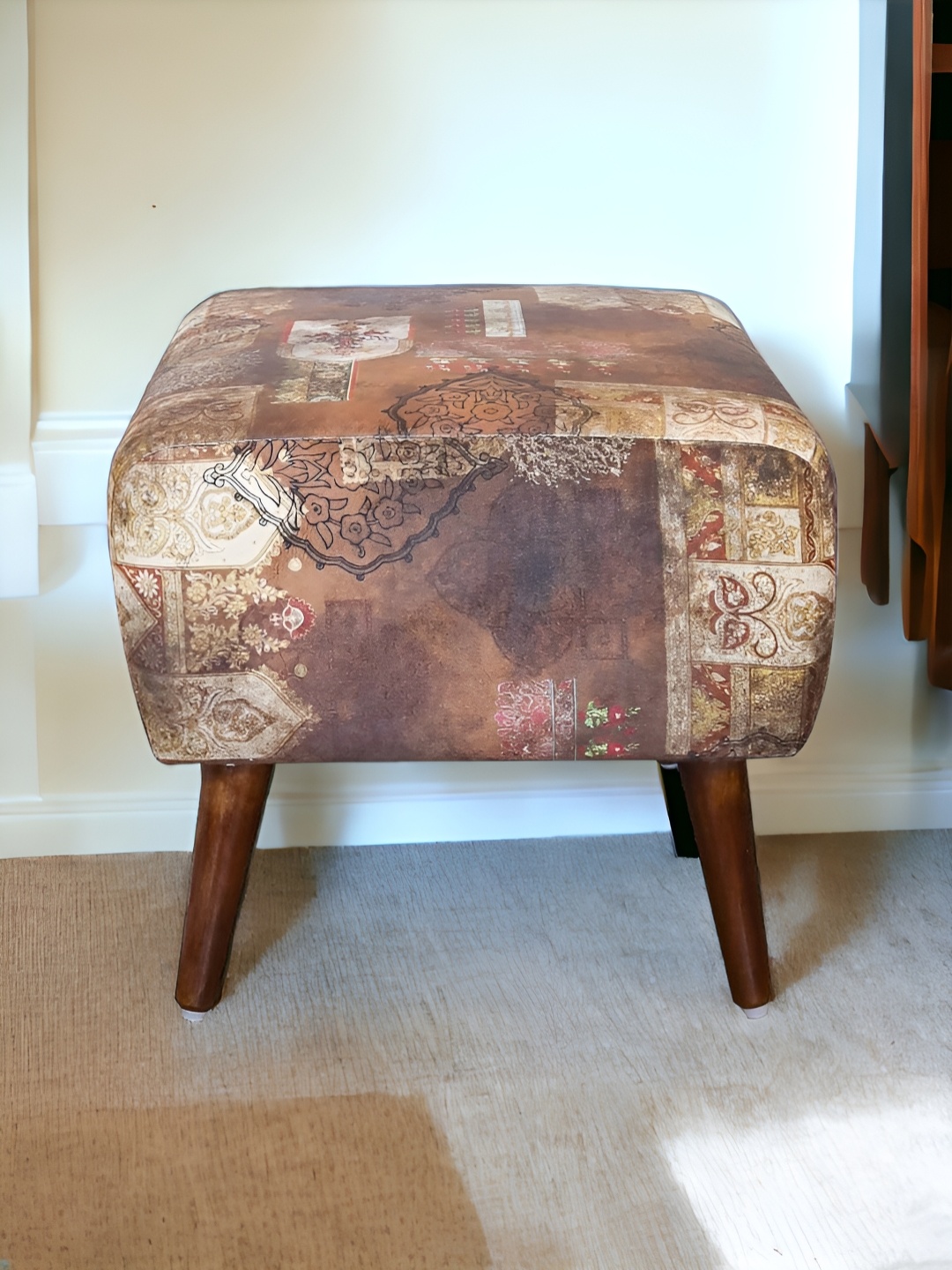 

The Artage Brown & White Printed Knitted Wood Square Ottoman