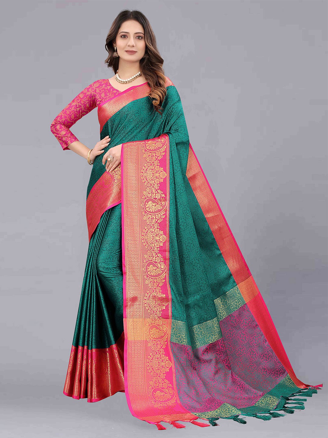 

ZIBLON Woven Design Art Silk Kanjeevaram Saree, Green