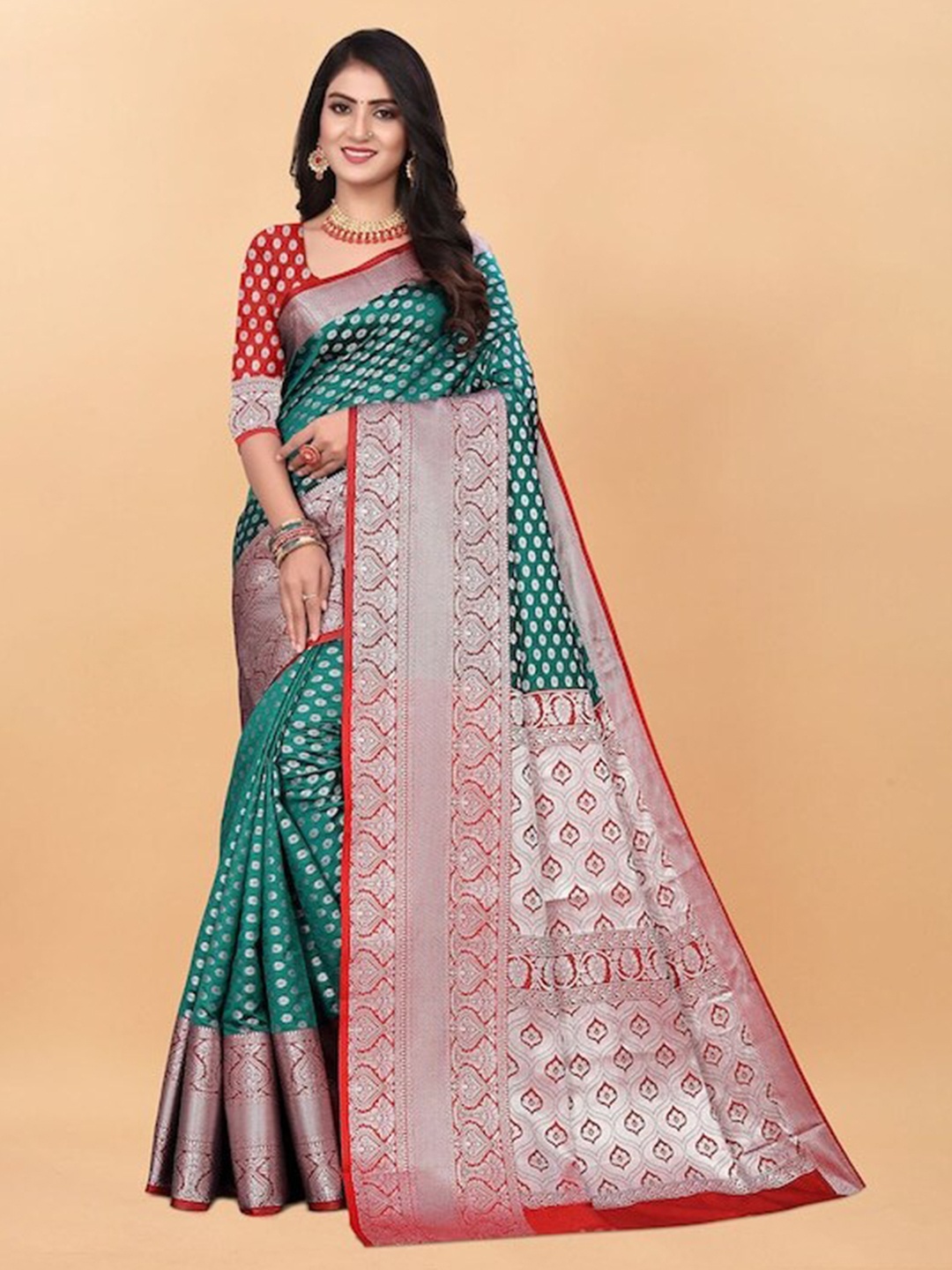 

ZIBLON Printed Woven Design Zari Kanjeevaram Saree, Teal
