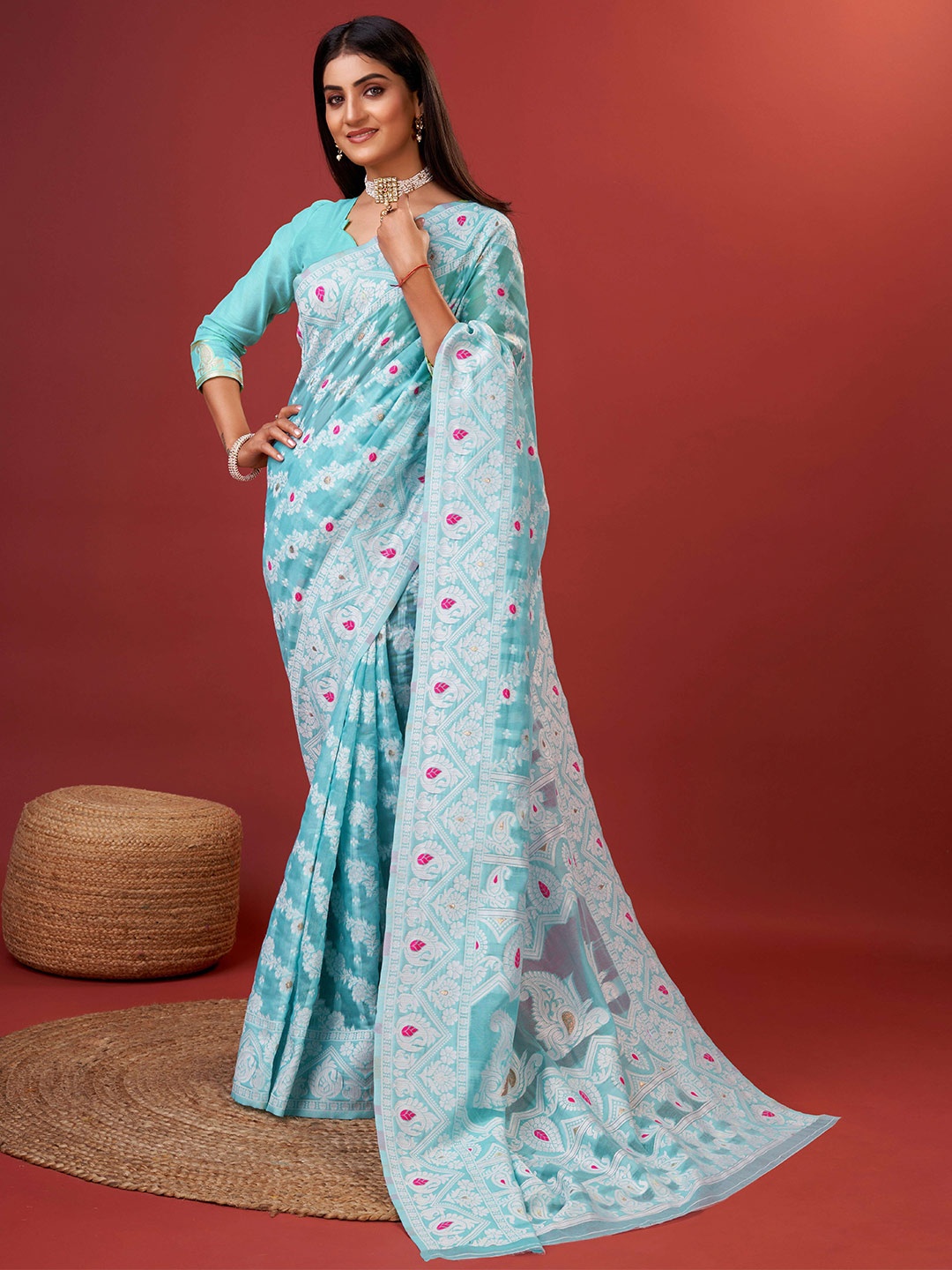 

ZIBLON Ethnic Motifs Printed Art Silk Kanjeevaram Saree, Teal